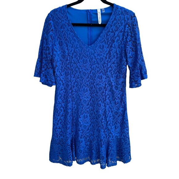 NY Collection Petite Royal Blue Lace Bell Sleeve V-Neck Flutter Hem Lined Dress - Picture 1 of 10